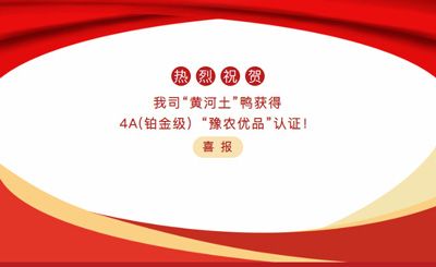 【喜報】—我司黃河土鴨獲4A(鉑金級）“豫農優(yōu)品”認證！